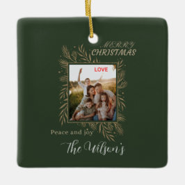 Ornamento De Cerâmica Green personalized family photo name