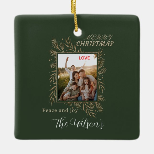Ornamento De Cerâmica Green personalized family photo name (Frente)