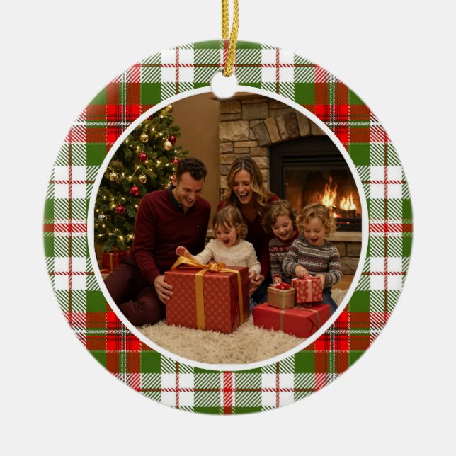 Ornamento De Cerâmica Green Plaid Family Christmas (Frente)