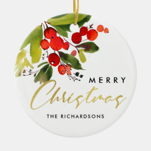 ORNAMENTO DE CERÂMICA GREEN RED BERRY WATERCOLOR MERRY NATAL