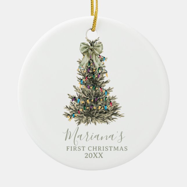 Ornamento De Cerâmica Green Sage Bow Pine Trees First Christmas (Frente)