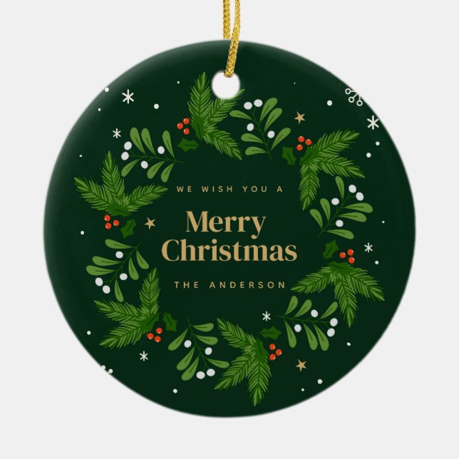 Ornamento De Cerâmica Green Snowflake Feliz Natal (Frente)