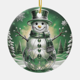 Ornamento De Cerâmica Green Snowman Snowflakes Holiday Ornament