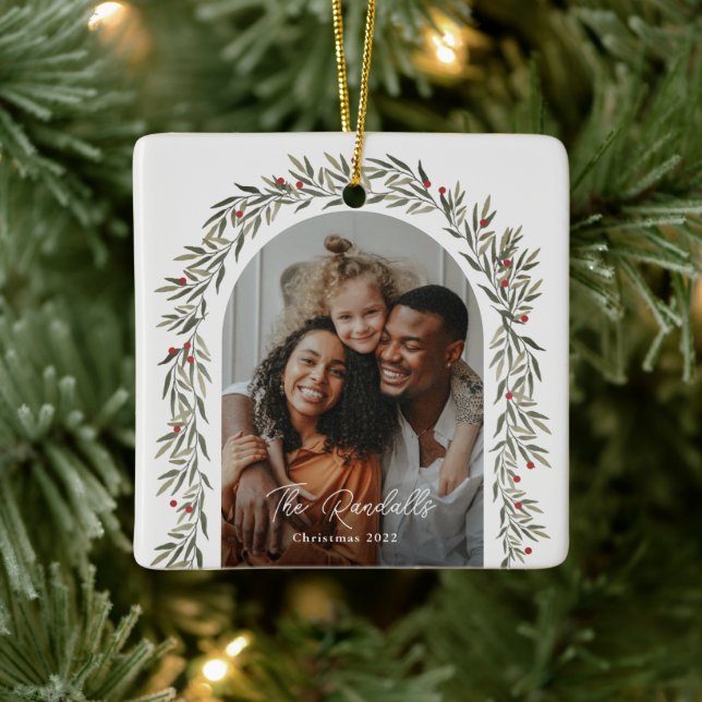 Ornamento De Cerâmica Greenery Arch Modern Script Foto de Natal (Árvore)