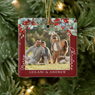 Ornamento De Cerâmica Greenery Feliz Foto de Natal Borgonha