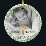 Ornamento De Cerâmica Greeneryptus Baby Baptism Foto<br><div class="desc">Eucalyptus Baby Christening e Baptism Ornament com dupla fotografia com uma camada redonda de herpes de eucalipto. Personalize sua própria foto horizontal ou quadrada. presente de excelente para sua família e amigos para o feriado.</div>