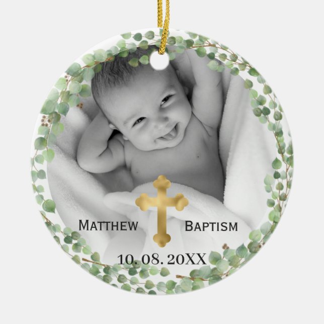 Ornamento De Cerâmica Greeneryptus Baby Baptism Foto (Frente)