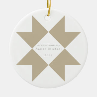 Ornamento De Cerâmica Greve Neutra Quilt Estrela Meu Primeiro Natal