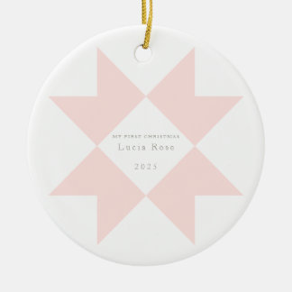 Ornamento De Cerâmica Greve Neutral Rosa Quilt Estrelar Meu Primeiro Nat