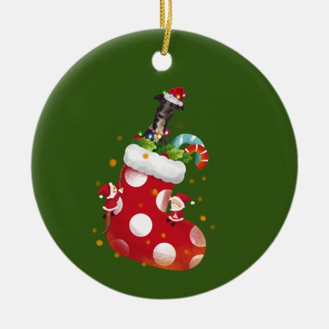 Ornamento De Cerâmica Greyhound com luzes de chapéu Natal (Frente)