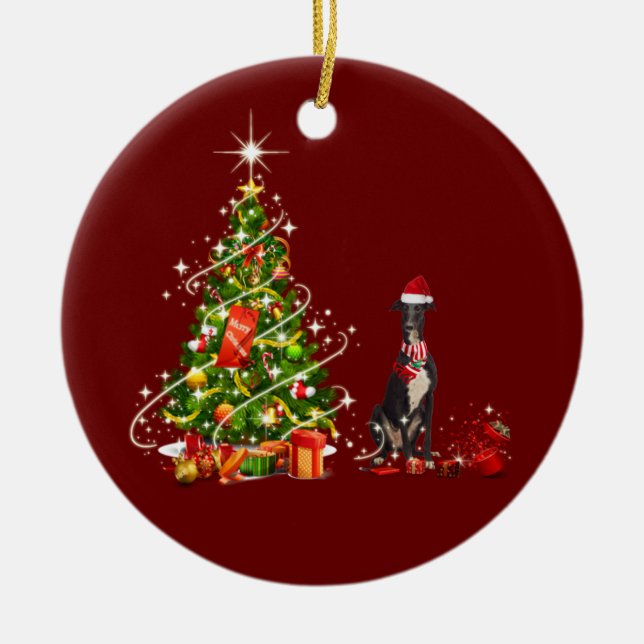 Ornamento De Cerâmica Greyhound com o Natal do Hat Scaft (Frente)