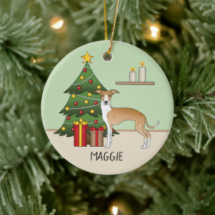 Ornamento De Cerâmica Greyhound Italiano Branco E Árvore De Natal