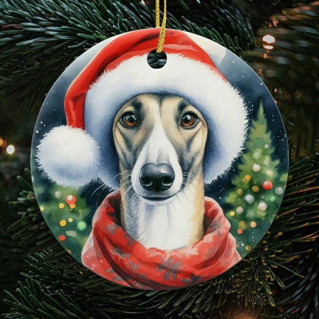 Ornamento De Cerâmica Greyhound Santa Hat Watercolor Natal (Criador carregado)
