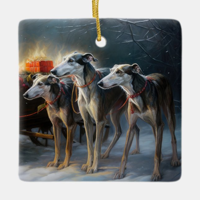 Ornamento De Cerâmica Greyhound Snowy Sleigh Decência de Natal (Frente)