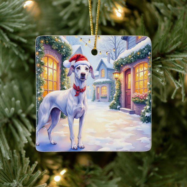 Ornamento De Cerâmica Greyhound Snowy Village Santa Hat Christmas Art (Árvore)