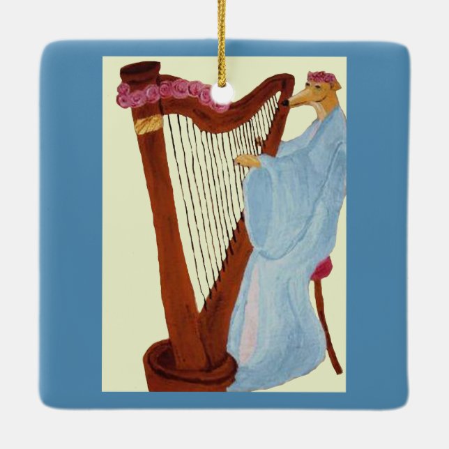 Ornamento De Cerâmica Greyhound Tocando uma Harpa (Verso)