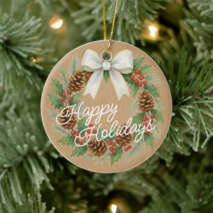 Ornamento De Cerâmica Grinalda de Dezembro com Aquarela de Laço Branco