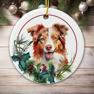 Ornamento De Cerâmica Grinalda de Evergreen com Cachorro Pastor Australi