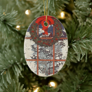 Ornamento De Cerâmica Grinalda de Natal Antiga em uma Janela com Neve