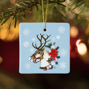 Ornamento De Cerâmica Grinalda de Natal de Rena Azul Festiva