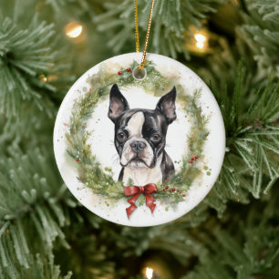 Ornamento De Cerâmica Grinalda de Natal do Boston Terrier Cachorro Festi