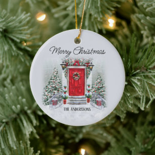 Ornamento De Cerâmica Grinalda de Natal Vermelha Antiga e Vintage Porta 