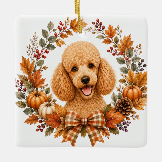 Ornamento De Cerâmica Grinalda de Outono de Poodle (Frente)