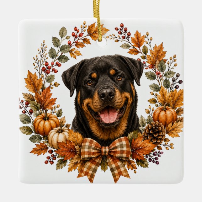 Ornamento De Cerâmica Grinalda de Outono de Rottweiler (Frente)