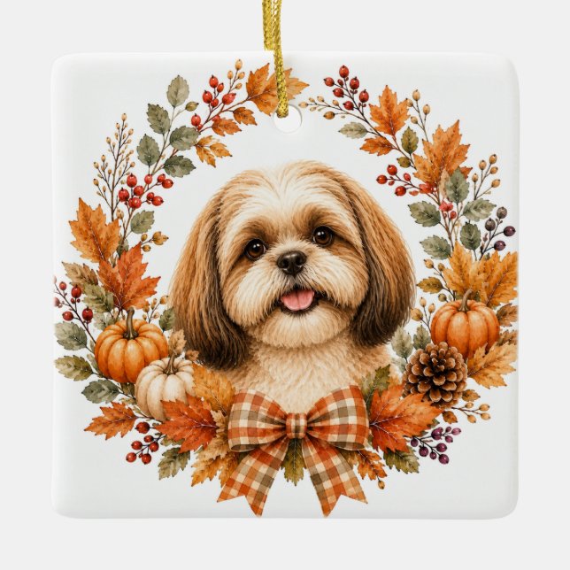 Ornamento De Cerâmica Grinalda de Outono do Shih Tzu (Frente)