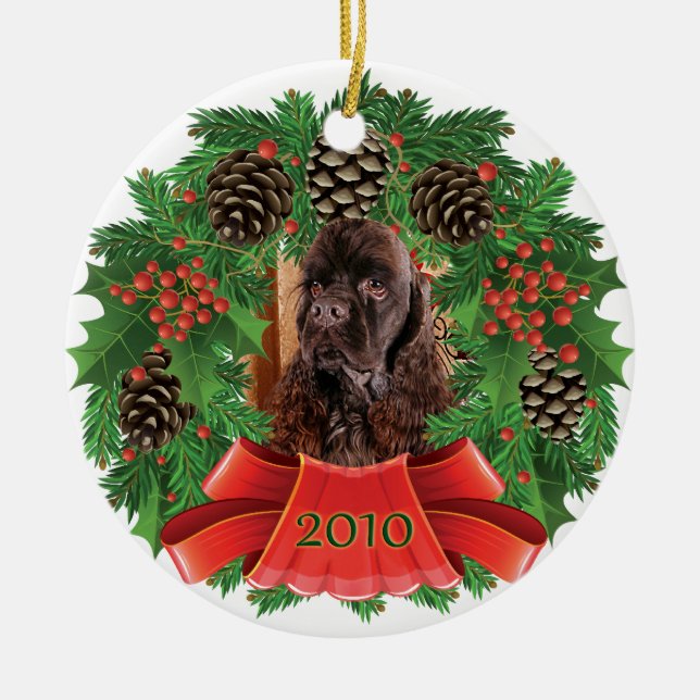 Ornamento De Cerâmica Grinalda do feriado do Natal de cocker spaniel do (Frente)