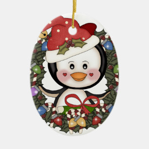 Ornamento De Cerâmica Grinalda do feriado do pinguim do Natal