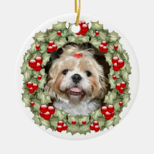 Ornamento De Cerâmica Grinalda do Natal de Shih Tzu