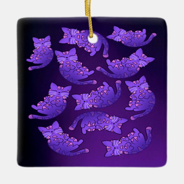 Ornamento De Cerâmica Grupo de Neon Kitten Roxo (Frente)