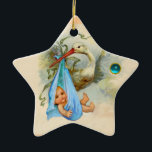 ORNAMENTO DE CERÂMICA GUARDA AZUL DO CHÁ STORK BABY BOY STAR MONOGRAMA<br><div class="desc">Elegante,  colorido e vibrante design branco azul teal com um bebê e uma cegonha voadora e uma pedra brilhante tridimensional por Búlgaro Lumini (c). Fácil de personalizar com seu próprio texto para anúncios guardados,  obrigado você,  chás de fraldas,  festas de aniversário da criança,  ou praticamente qualquer evento que desejar!</div>