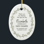 Ornamento De Cerâmica Guarda-Chá de fraldas de Folhagem Verde de Aquarel<br><div class="desc">Design é composto por tipografia cursiva serif e lúdica sobre um fundo branco cheio de botânicos foliares foliares de folha verde-claro de cor aquosa. A design é moderna, simples, divertida e orgânica. Esta é uma bela lembrança ou recordação ou favor do partido para a sua festa de chá de fraldas....</div>