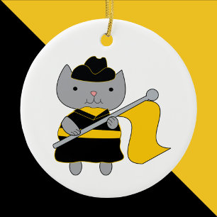 Ornamento De Cerâmica Guarda de Cores Cinza Gato Preto e Amarelo Dourado