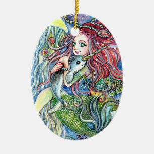 Ornamento De Cerâmica Guardarando o bebê de Narwhal - arte da sereia