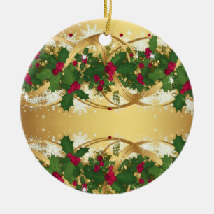 Ornamento De Cerâmica Guarlanda de Natal Dourada — Bagas Vermelhas e Fol