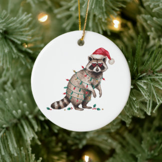 Ornamento De Cerâmica Guaxinim de Natal Chapéu do Papai Noel Luzes Óculo