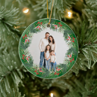 Ornamento De Cerâmica Guirlanda de Natal com Foto Personalizada da Famíl