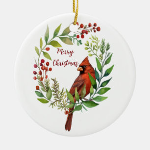 Ornamento De Cerâmica Guirlanda de Natal de Pássaro Cardinal Vermelho em