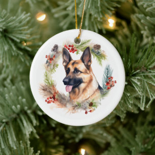 Ornamento De Cerâmica Guirlanda de Natal do Pastor Alemão Cachorro Festi