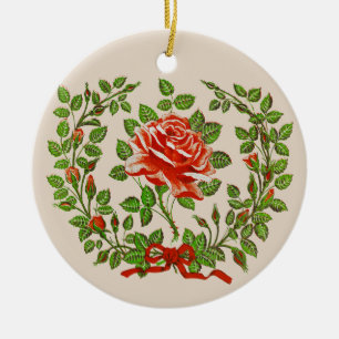 Ornamento De Cerâmica Guirlanda de Rosa Vermelha Vintage Arte Floral de