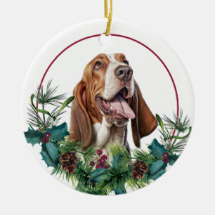 Ornamento De Cerâmica Guirlanda de Sempre-Verde com Cão Basset Hound