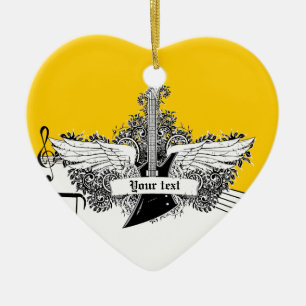 Ornamento De Cerâmica Guitarra amarela preta com asas