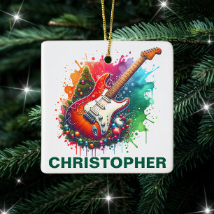 Ornamento De Cerâmica Guitarra Elétrica Natalícia Festiva com Nome Perso