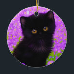 Ornamento De Cerâmica Gustav Klimt Cat<br><div class="desc">Ornamento com um gato Gustav Klimt! Este gatinho fluffy fica num campo verde de flores roxas. Um presente perfeito para amantes de gatos e entusiastas de arte austríacos!</div>