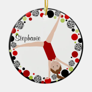 Ornamento De Cerâmica Gymnast do cabelo de Brown vermelho, preto & verde