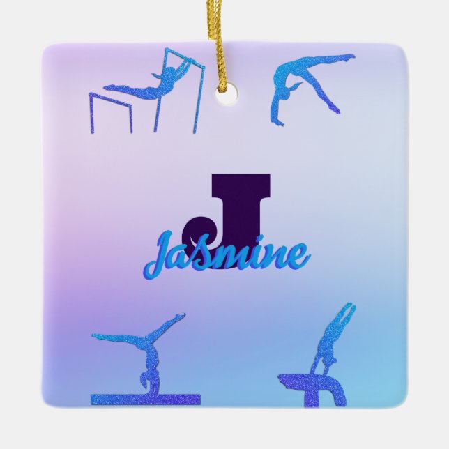 Ornamento De Cerâmica Gymnastics Blue Purple Monograma Personalizado (Frente)