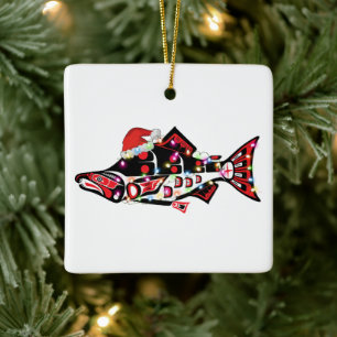 Ornamento De Cerâmica Haida Salmon Spirit Animal Com Luzes De Natal